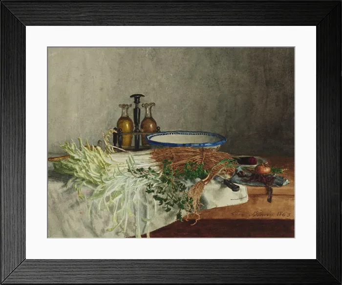 Framed Print : Still Life with Wild Chicory, Chervil, and Cruet, 1863. Creator: Leon Bonvin Framed Print : Still Life with Wild Chicory, Chervil, and Cruet, 1863. Creator: Leon Bonvin