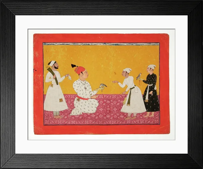 Framed Print : Raja Medini Pal (Reigned 1722-1736) of Basohli Being Presented with a Falcon, c1725. Creator: Unknown Framed Print : Raja Medini Pal (Reigned 1722-1736) of Basohli Being Presented with a Falcon, c1725. Creator: Unknown