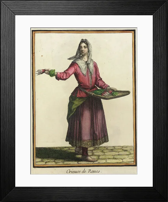 Framed Print : Recueil des modes de la cour de France, Crieuse de Raues, Bound 1703-1704. Creator: Henri Bonnart Framed Print : Recueil des modes de la cour de France, Crieuse de Raues, Bound 1703-1704. Creator: Henri Bonnart