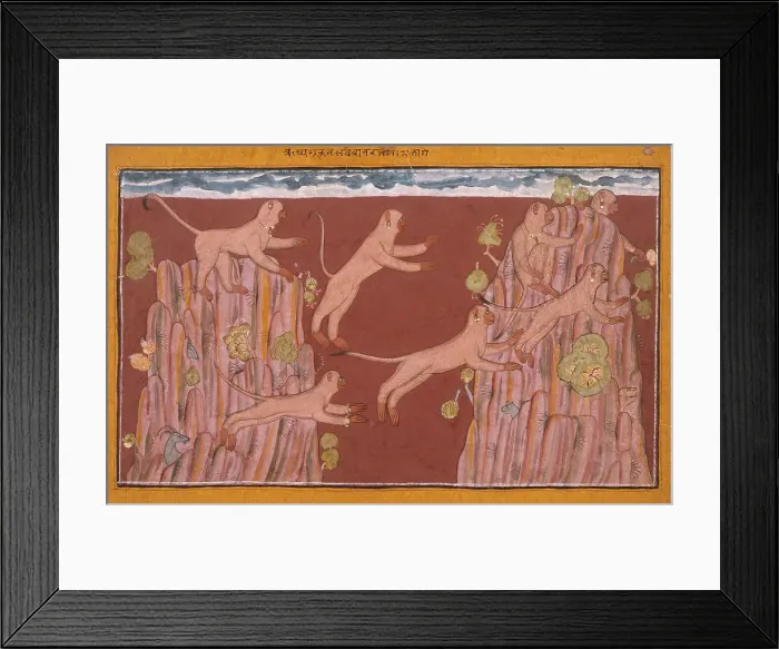 Framed Print : Monkeys Jump from Crag to Crag, Folio from the Shangri Ramayana... between c1700 and c1710. Creator: Unknown Framed Print : Monkeys Jump from Crag to Crag, Folio from the Shangri Ramayana... between c1700 and c1710. Creator: Unknown