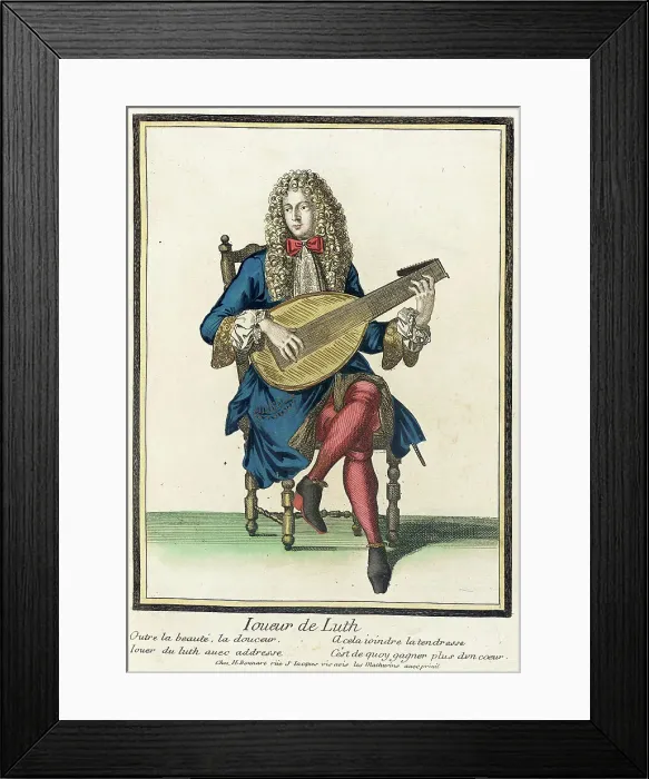Framed Print : Recueil des modes de la cour de France, Joueur de Luth, Bound 1703-1704. Creator: Henri Bonnart Framed Print : Recueil des modes de la cour de France, Joueur de Luth, Bound 1703-1704. Creator: Henri Bonnart