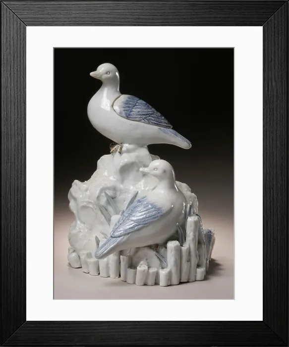 Framed Print : Okimono or Kogo with Pair of Ducks on a Rookery Encircled by Pilings, 19th century. Creator: Unknown Framed Print : Okimono or Kogo with Pair of Ducks on a Rookery Encircled by Pilings, 19th century. Creator: Unknown