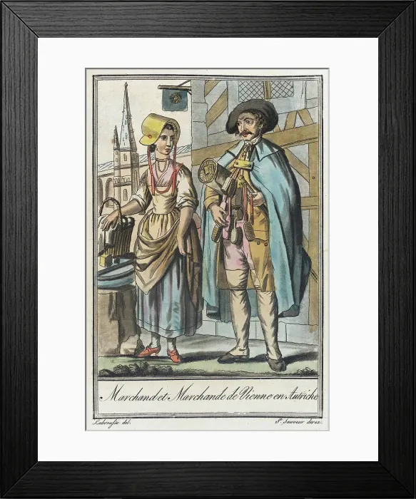 Framed Print : Costumes de Différents Pays, Marchand et Marchande de Vienne en Autriche, c1797. Creators: Jacques Grasset de Saint-Sauveur, LF Labrousse Framed Print : Costumes de Différents Pays, Marchand et Marchande de Vienne en Autriche, c1797. Creators: Jacques Grasset de Saint-Sauveur, LF Labrousse