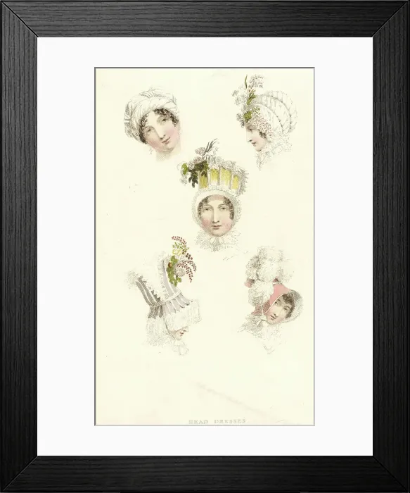 Framed Print : Fashion Plate (Head Dresses), 1814. Creator: Rudolph Ackermann Framed Print : Fashion Plate (Head Dresses), 1814. Creator: Rudolph Ackermann