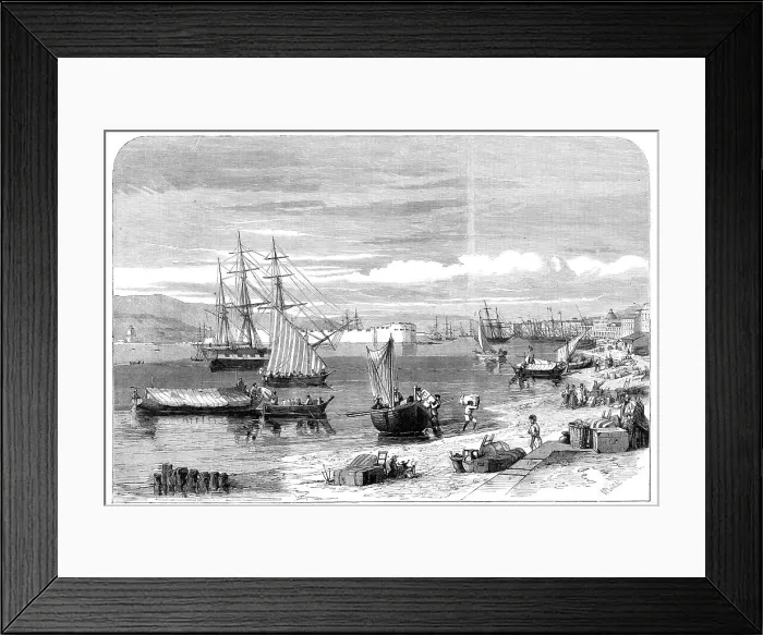 Framed Print : The Revolution in Sicily - the people relanding with their chattels at Messina... 1860. Creator: Richard Principal Leitch