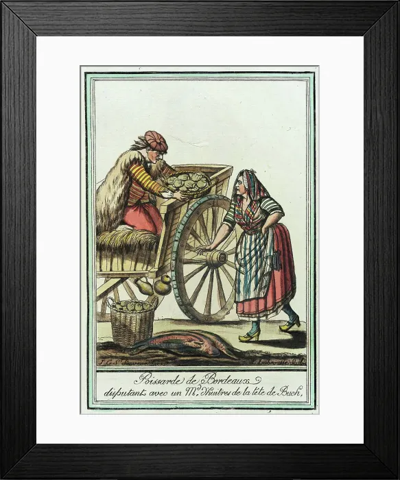 Framed Print : Costumes de Différent Pays, Poissarde de Bordeaux disputant avec un Md. l'huitres de la... c1797. Creators: Jacques Grasset de Saint-Sauveur, LF Labrousse Framed Print : Costumes de Différent Pays, Poissarde de Bordeaux disputant avec un Md. l'huitres de la... c1797. Creators: Jacques Grasset de Saint-Sauveur, LF Labrousse