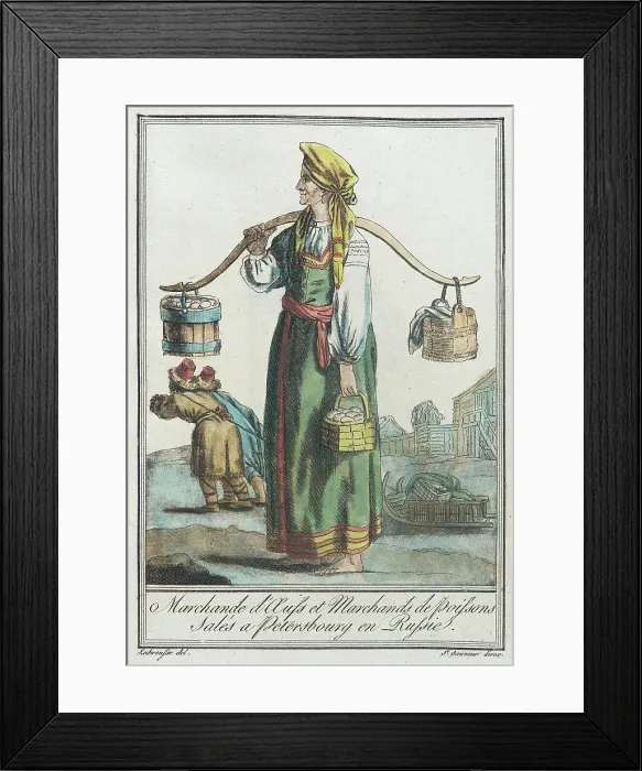 Framed Print : Costumes de Différents Pays, Marchande d'Auss et Marchands de Poissons Salés a Peters... c1797. Creators: Jacques Grasset de Saint-Sauveur, LF Labrousse Framed Print : Costumes de Différents Pays, Marchande d'Auss et Marchands de Poissons Salés a Peters... c1797. Creators: Jacques Grasset de Saint-Sauveur, LF Labrousse