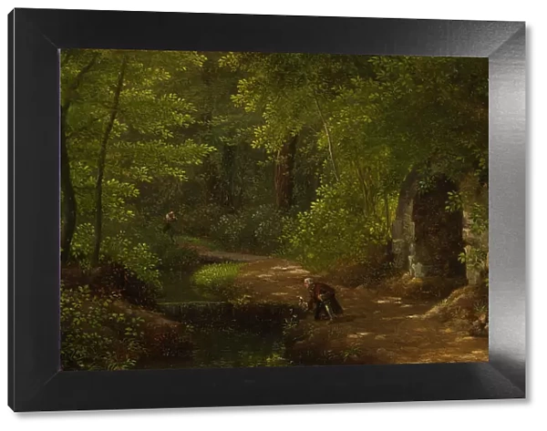 Jean-Jacques Rousseau picking flowers at the bubbling spring near the grotto in the northern park... Creator: Alexandre Haycinthe Dunouy