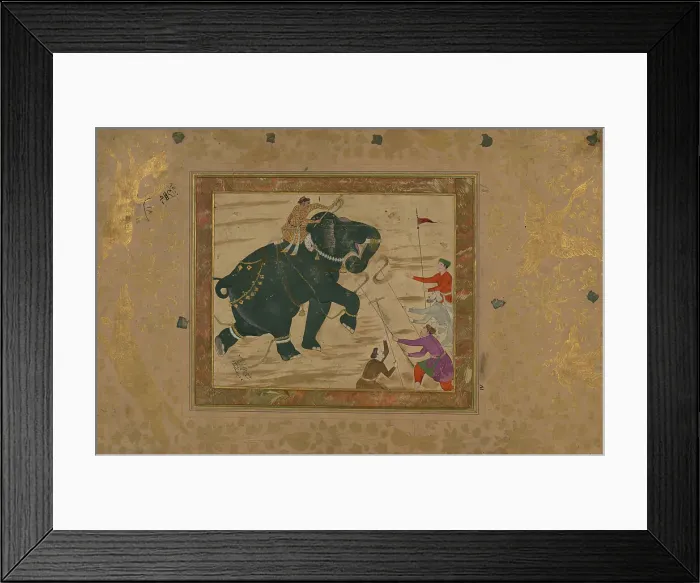 Framed Print : Single Leaf of an Elephant with Mahout Attacking Four Men, late 10th century AH / AD 16th century. Creator: Unknown Framed Print : Single Leaf of an Elephant with Mahout Attacking Four Men, late 10th century AH / AD 16th century. Creator: Unknown