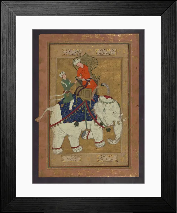 Framed Print : Single Leaf of Two Young Men Riding a White Elephant, early 11th century AH / AD 17th century. Creator: Unknown Framed Print : Single Leaf of Two Young Men Riding a White Elephant, early 11th century AH / AD 17th century. Creator: Unknown