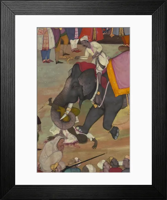 Framed Print : Man being trampled by an elephant - folio from the Akbarnama, late 10th century AH / AD 16th century. Creator: Unknown Framed Print : Man being trampled by an elephant - folio from the Akbarnama, late 10th century AH / AD 16th century. Creator: Unknown