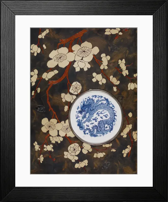Framed Print : Book cover with blossom and ceramic dragon, 1878. Creator: Charles Meunier Framed Print : Book cover with blossom and ceramic dragon, 1878. Creator: Charles Meunier