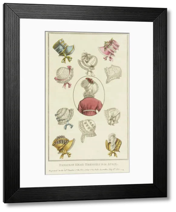 Framed Print : Fashion Plate (Parisian Head Dresses for April), 1812. Creator: John Bell Framed Print : Fashion Plate (Parisian Head Dresses for April), 1812. Creator: John Bell
