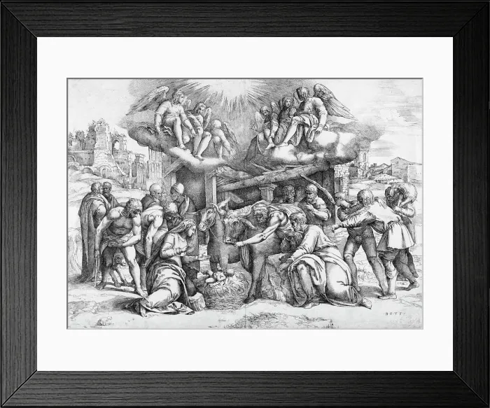 Framed Print : The Adoration of the Shepherds, between 1530 and 1560. Creator: Battista Franco Veneziano Framed Print : The Adoration of the Shepherds, between 1530 and 1560. Creator: Battista Franco Veneziano