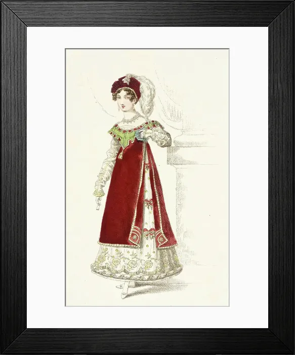 Framed Print : Fashion Plate (Danish Fancy Dress Worn at the Prince Regents Fête), 1819. Creator: John Bell Framed Print : Fashion Plate (Danish Fancy Dress Worn at the Prince Regents Fête), 1819. Creator: John Bell