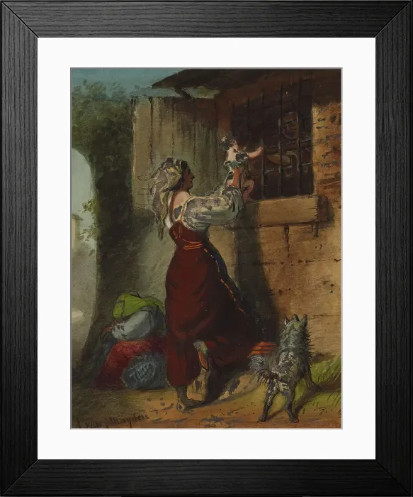 Framed Print : Woman Lifting Infant to Cell Window, mid 19th century. Creator: Alfred Jacob Miller Framed Print : Woman Lifting Infant to Cell Window, mid 19th century. Creator: Alfred Jacob Miller