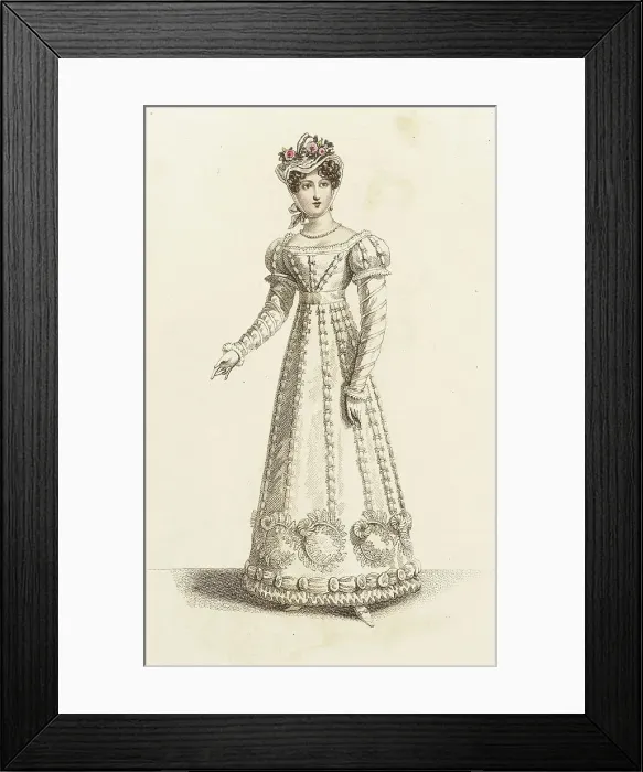 Framed Print : Fashion Plate (French Dinner Party Dress), 1821. Creator: John Bell Framed Print : Fashion Plate (French Dinner Party Dress), 1821. Creator: John Bell