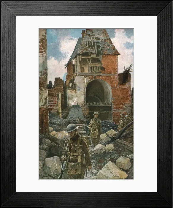 Framed Print : Dans les villes liberees (mars 1917); Soldats anglais dans les vieux remparts de Peronne, 1917. Creator: Francois Flameng Framed Print : Dans les villes liberees (mars 1917); Soldats anglais dans les vieux remparts de Peronne, 1917. Creator: Francois Flameng