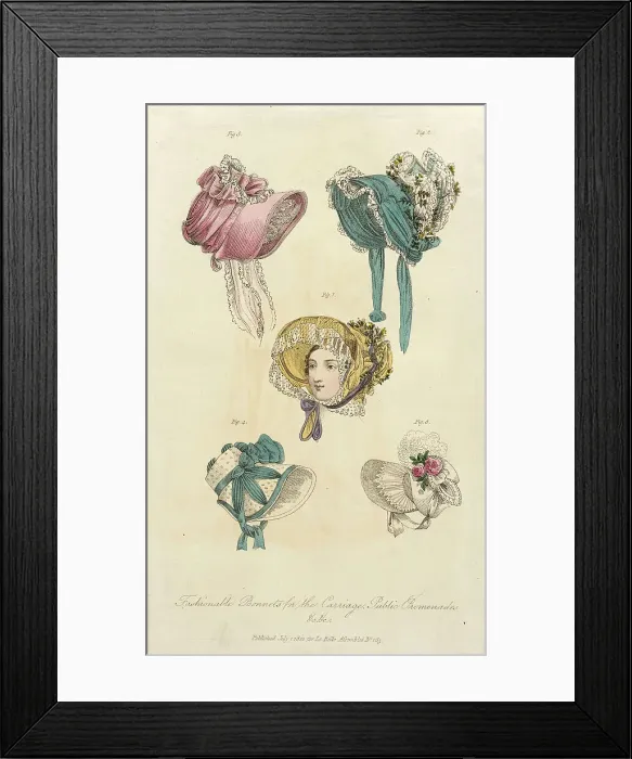 Framed Print : Fashion Plate (Fashionable Bonnets for the Carriage, Public Promenades), 1822. Creator: John Bell Framed Print : Fashion Plate (Fashionable Bonnets for the Carriage, Public Promenades), 1822. Creator: John Bell
