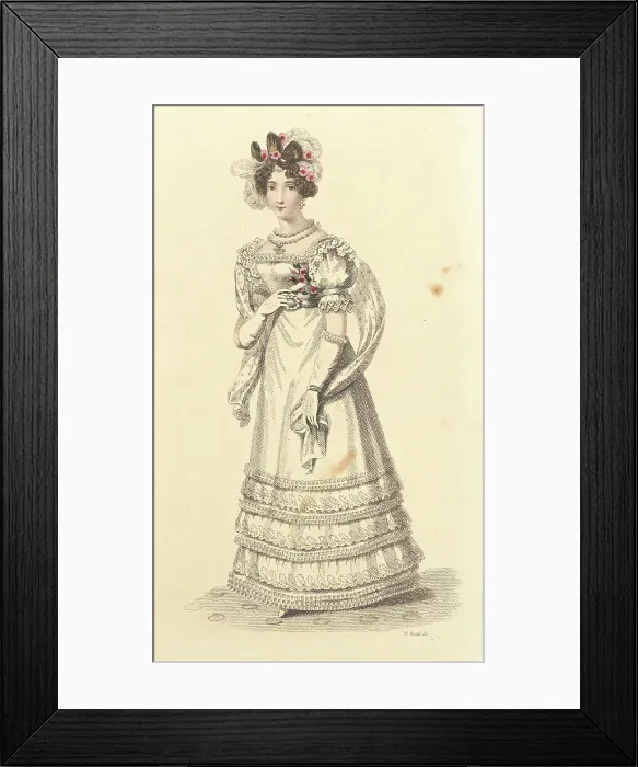 Framed Print : Fashion Plate (Evening Party Dress), 1824. Creator: John Bell Framed Print : Fashion Plate (Evening Party Dress), 1824. Creator: John Bell