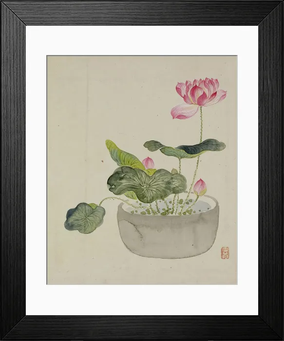 Framed Print : Leaf from Album Depicting Birds, Flowers, Landscapes, and Flower Pots, 1876. Creator: Yoshizawa Setsuan