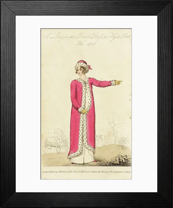 Framed Print : Fashion Plate (A Lady in the Parade Dress in Hyde Park), 1808. Creator: John Bell Framed Print : Fashion Plate (A Lady in the Parade Dress in Hyde Park), 1808. Creator: John Bell