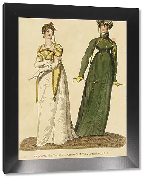 Fashion Plate (London Evening Dress - Morning Riding Dress), 1808. Creator: John Bell