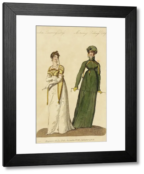 Framed Print : Fashion Plate (London Evening Dress - Morning Riding Dress), 1808. Creator: John Bell Framed Print : Fashion Plate (London Evening Dress - Morning Riding Dress), 1808. Creator: John Bell