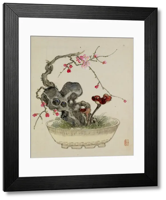 Framed Print : Leaf from Album Depicting Birds, Flowers, Landscapes, and Flower Pots, 1876. Creator: Yoshizawa Setsuan Framed Print : Leaf from Album Depicting Birds, Flowers, Landscapes, and Flower Pots, 1876. Creator: Yoshizawa Setsuan