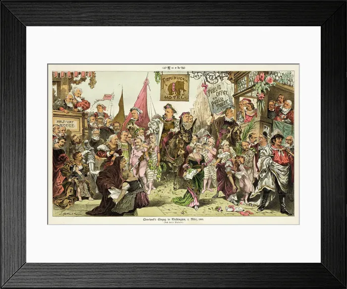 Framed Print : Cleveland's entry into Washington - March 4th. 1885. 1885. Creators: Joseph Keppler, Bernhard Gillam. Cleveland's entry into Washington - March 4th. 1885. 1885. Creators: Joseph Keppler, Bernhard Gillam