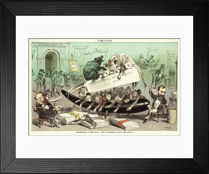 Framed Print : Halsabschneiden in Wall Street. Cartoon from Puck, 1881. Creators: Joseph Keppler, Bernhard Gillam Framed Print : Halsabschneiden in Wall Street. Cartoon from Puck, 1881. Creators: Joseph Keppler, Bernhard Gillam