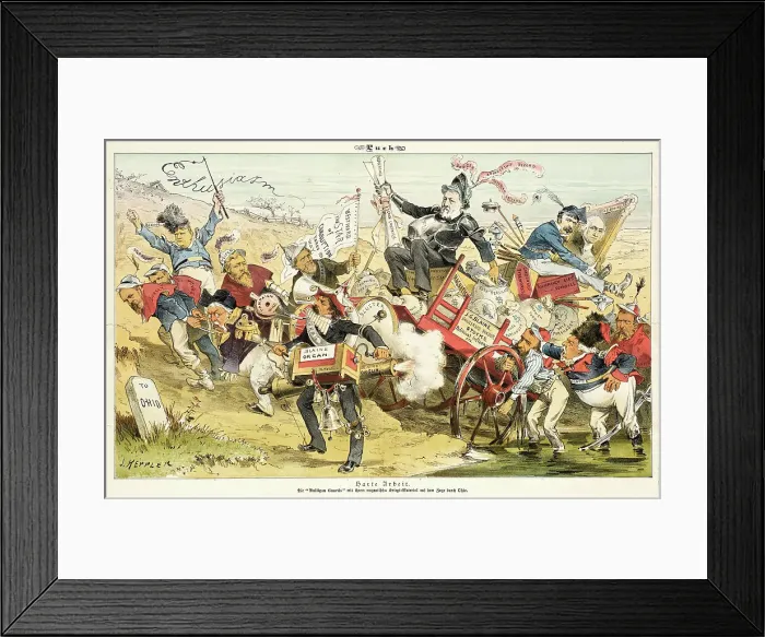 Framed Print : Harte Arbeit.... Cartoon from Puck, 1884. Creators: Joseph Keppler, Bernhard Gillam Framed Print : Harte Arbeit.... Cartoon from Puck, 1884. Creators: Joseph Keppler, Bernhard Gillam