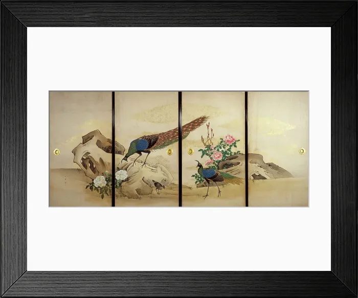 Framed Print : Peacock and Peahen with Chick and Peonies, c1840-50. Creator: Mori Ippô Framed Print : Peacock and Peahen with Chick and Peonies, c1840-50. Creator: Mori Ippô