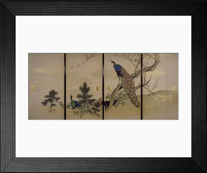 Framed Print : Peacock and Peahen with Flowering Prunus, c1840-1850. Creator: Mori Ippô