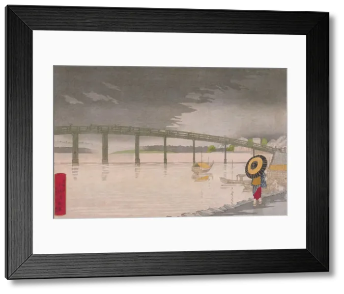 Framed Print : View of Rainfall on Shin-Ou-hashi in To-kei, 1876. Creator: Kobayashi Kiyochika Framed Print : View of Rainfall on Shin-Ou-hashi in To-kei, 1876. Creator: Kobayashi Kiyochika