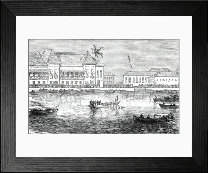 Framed Print : The Prince of Wales landing at the town of New Goa, from a sketch by an officer of the Serapis, 1876 Creator: L.B Framed Print : The Prince of Wales landing at the town of New Goa, from a sketch by an officer of the Serapis, 1876 Creator: L.B