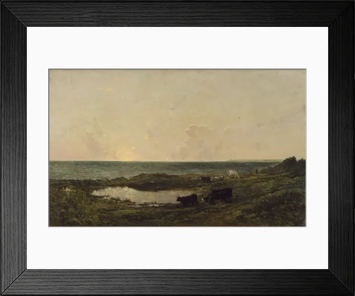 Framed Print : Sunset on the Coast at Villerville, 1855, with later retouching by the artist. Creator: Charles Francois Daubigny Framed Print : Sunset on the Coast at Villerville, 1855, with later retouching by the artist. Creator: Charles Francois Daubigny