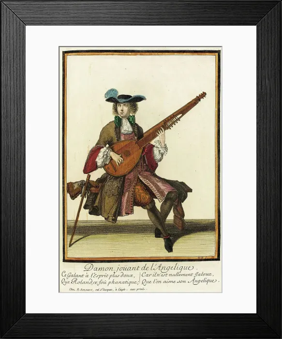 Framed Print : Recueil des modes de la cour de France, Damon joüant de l'Angelique, between c1686 and c1690. Creator: Nicolas Bonnart Framed Print : Recueil des modes de la cour de France, Damon joüant de l'Angelique, between c1686 and c1690. Creator: Nicolas Bonnart