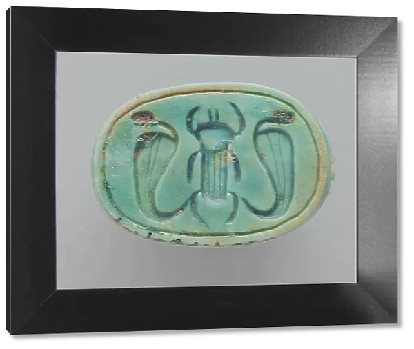 Faience Scarab Depicting a Beetle Flanked by Cobras, 18th-26th dynasties (1569-525 BCE) or modern. Creator: Unknown