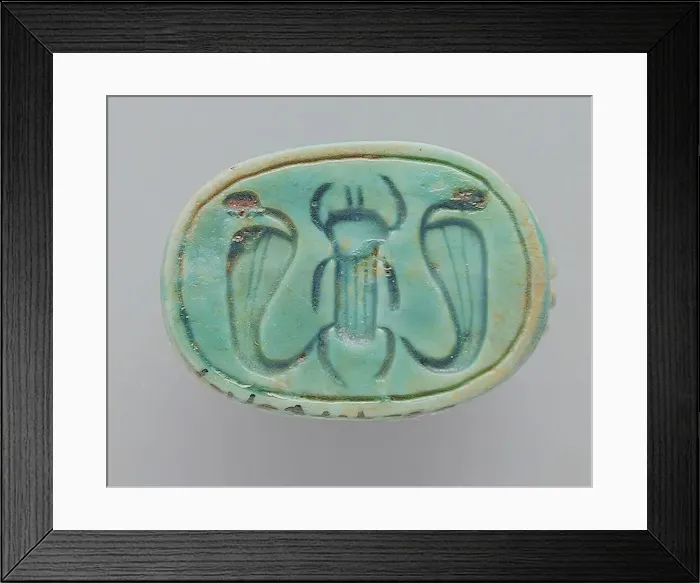 Framed Print : Faience Scarab Depicting a Beetle Flanked by Cobras, 18th-26th dynasties (1569-525 BCE) or modern. Creator: Unknown Framed Print : Faience Scarab Depicting a Beetle Flanked by Cobras, 18th-26th dynasties (1569-525 BCE) or modern. Creator: Unknown