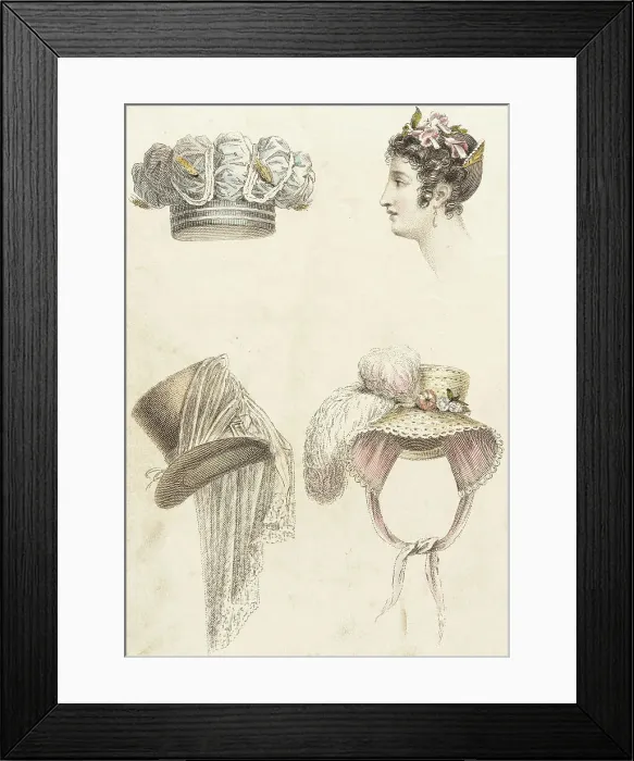 Framed Print : Fashion Plate (Head Dresses), 1823--. Creator: Rudolph Ackermann Framed Print : Fashion Plate (Head Dresses), 1823--. Creator: Rudolph Ackermann