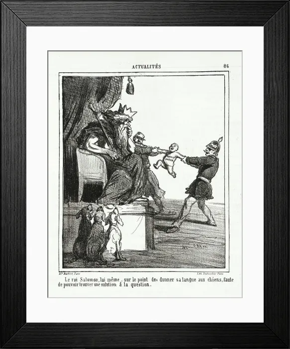 Framed Print : Le roi Salomon, lui -même, sur le point de donner sa langue aux chiens, faute de pouvoir... 1864. Creator: Cham Framed Print : Le roi Salomon, lui -même, sur le point de donner sa langue aux chiens, faute de pouvoir... 1864. Creator: Cham