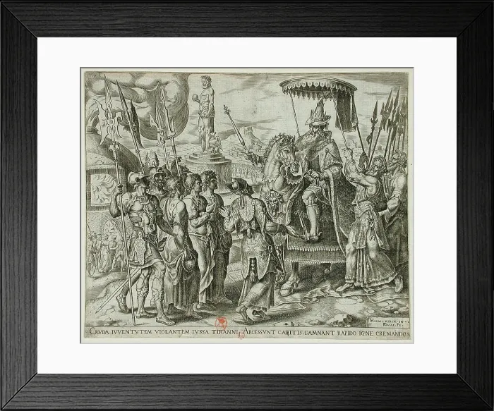 Framed Print : The Three Jews Brought Before Nebuchadnezzar, 1565. Creator: Philip Galle Framed Print : The Three Jews Brought Before Nebuchadnezzar, 1565. Creator: Philip Galle