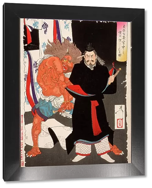 Lord Sadanobu Threatens a Demon in the Palace at Night, 1889. Creator: Tsukioka Yoshitoshi