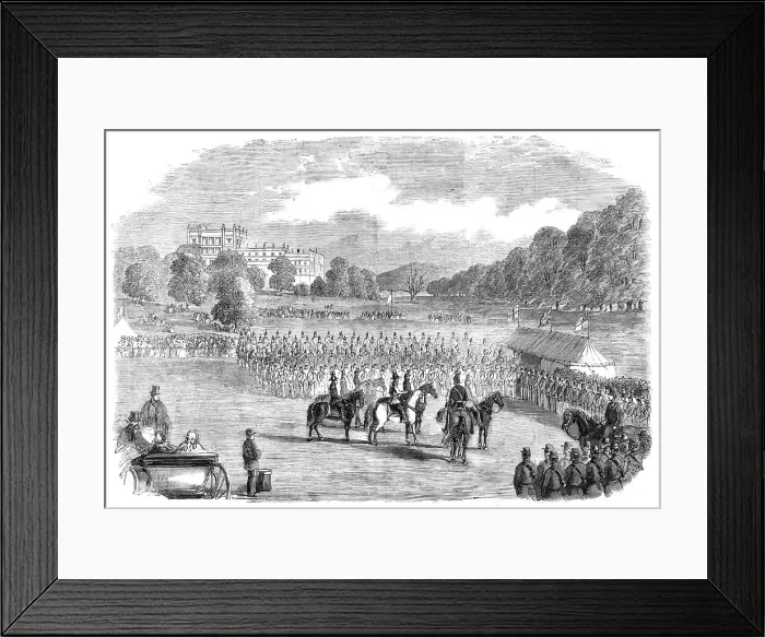 Framed Print : Review of Derbyshire Rifle Volunteers at Chatsworth Park - from a drawing by T. Walton, 1860. Creator: Unknown Framed Print : Review of Derbyshire Rifle Volunteers at Chatsworth Park - from a drawing by T. Walton, 1860. Creator: Unknown