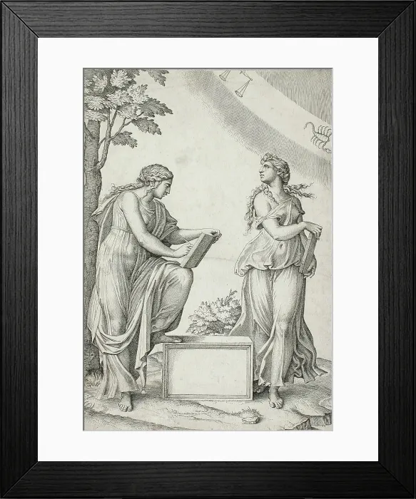 Framed Print : Two Sibyls with Signs of Zodiac, between 1517 and 1520. Creator: Marcantonio Raimondi Framed Print : Two Sibyls with Signs of Zodiac, between 1517 and 1520. Creator: Marcantonio Raimondi