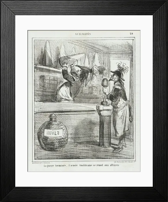 Framed Print : Le guerre [etant] terminée, l'armée Américaine se remet aux affaires, 1866. Creator: Cham