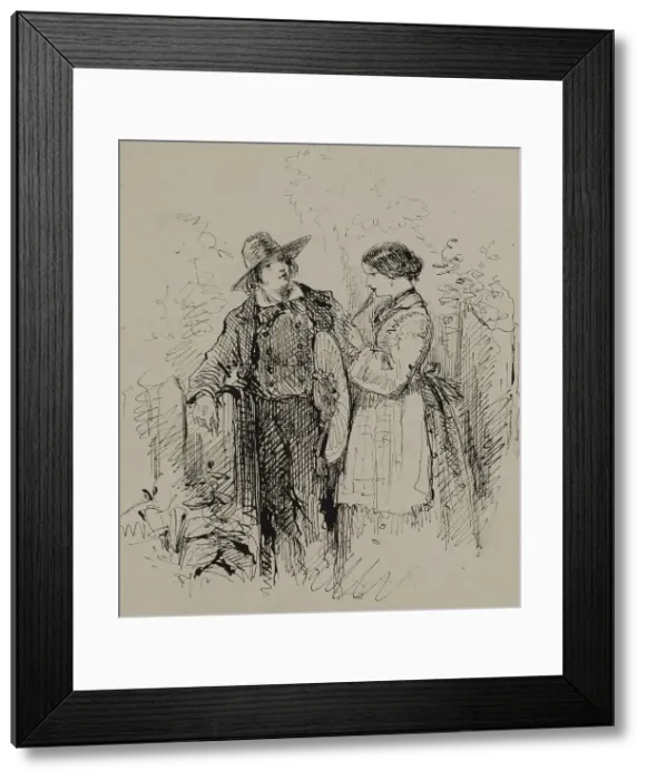 Framed Print : Young Man and Woman by a Gate, c1860. Creator: Augustus Hoppin Framed Print : Young Man and Woman by a Gate, c1860. Creator: Augustus Hoppin
