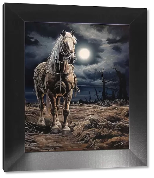 AI IMAGE - Illustration of a horse in a World War 1 battlefield setting, 2023. Creator: Heritage Images