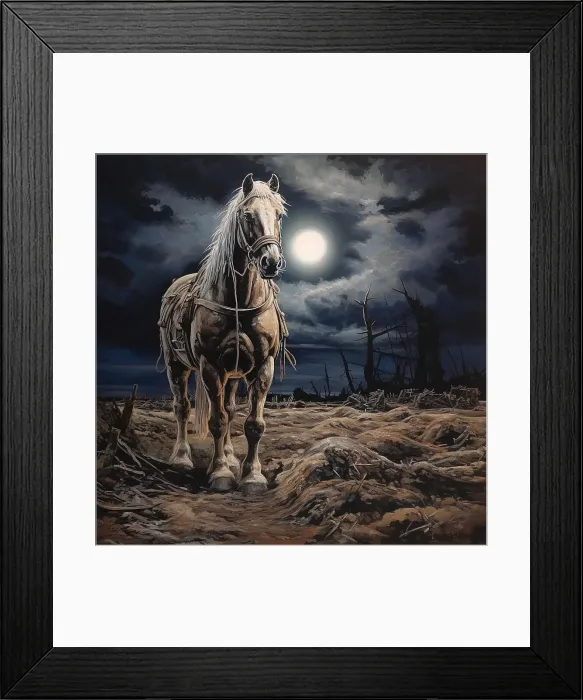 Framed Print : AI IMAGE - Illustration of a horse in a World War 1 battlefield setting, 2023. Creator: Heritage Images Framed Print : AI IMAGE - Illustration of a horse in a World War 1 battlefield setting, 2023. Creator: Heritage Images